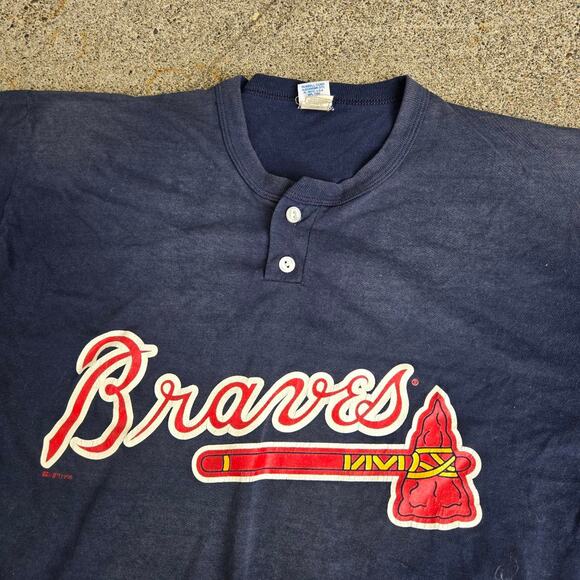 Vtg 90s RUSSELL ATHLETIC Atlanta Braves Logo MLB Baseball Button Up Tee Shirt Lg - Picture 3 of 7